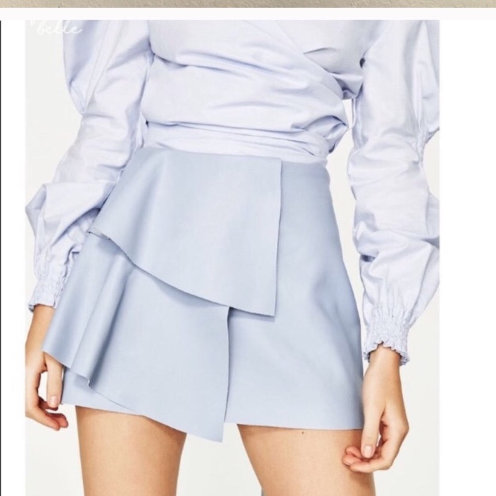 Zara trf effect faux leather blue ruffle skirt xs
